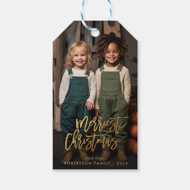 elegant gold script merry christmas photo holiday geschenkanhänger (Vorderseite)