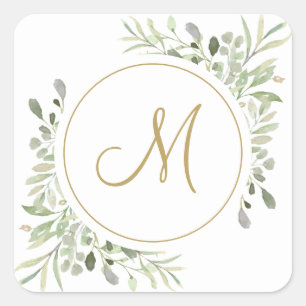 Elegant Gold Script Monogram Greenery Quadratischer Aufkleber