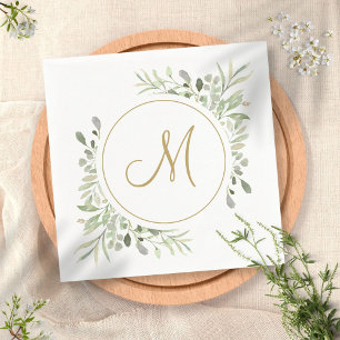 Elegant Gold Script Monogram Greenery Serviette