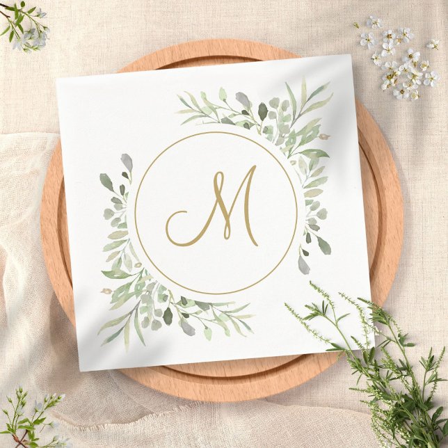 Elegant Gold Script Monogram Greenery Serviette (Von Creator hochgeladen)