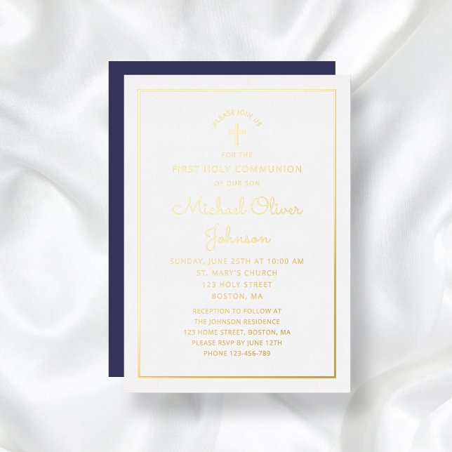 Elegant Gold Script Navy Blue First Communation Folieneinladung (Elegant Gold Script Navy Blue First Communion Foil Invitation)