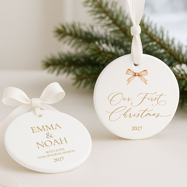 Elegant Gold Script “Our First Christmas”  Ornament (Von Creator hochgeladen)