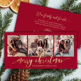Elegant Gold Script Red 3 Photo Collage Christmas Feiertagskarte