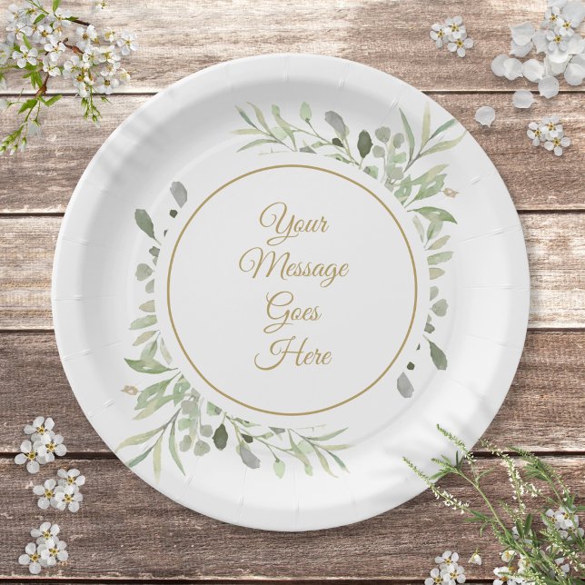 Elegant Gold Script Soft Watercolor Grüne Pappteller (Elegant Gold Script Watercolor Greenery Floral Paper Plates)