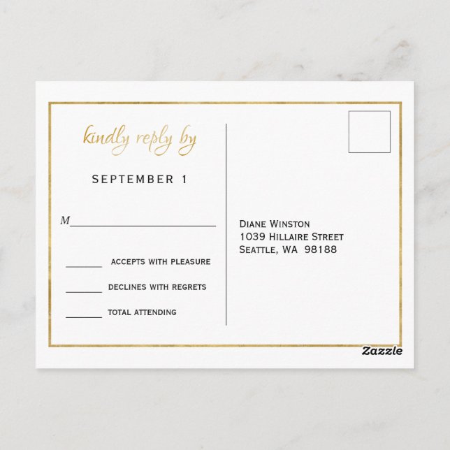Elegant Gold Script Wedding RSVP Postkarte (Rückseite)