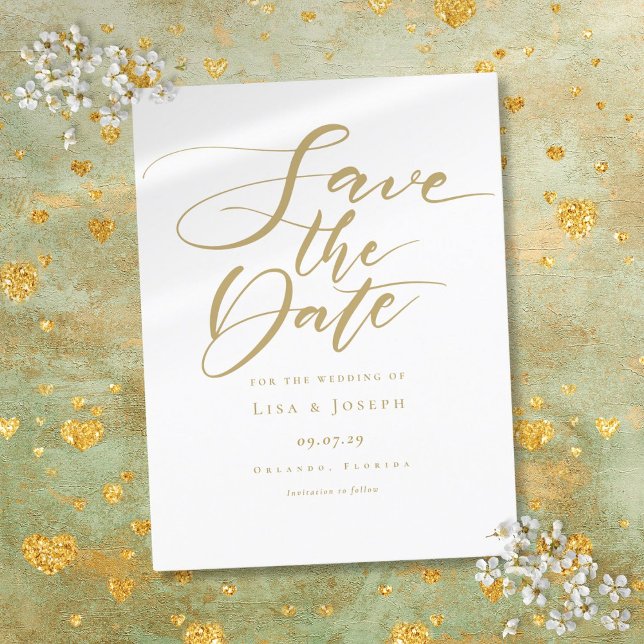 Elegant Gold Script Wedding Save the Date Ankündigungspostkarte (Elegant Gold Script Wedding Save the Date Announcement Postcard)