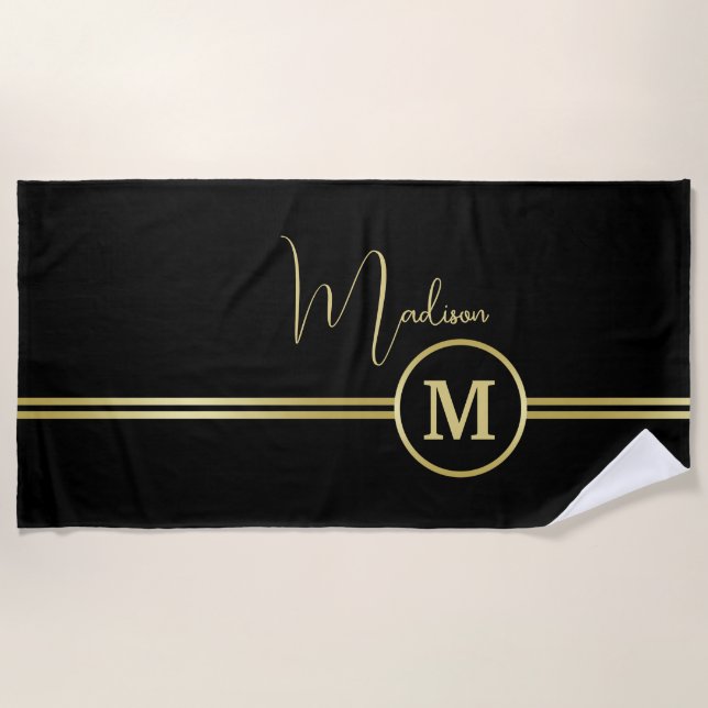 Elegant Gold Signature Monogram on Black Strandtuch (Vorderseite)