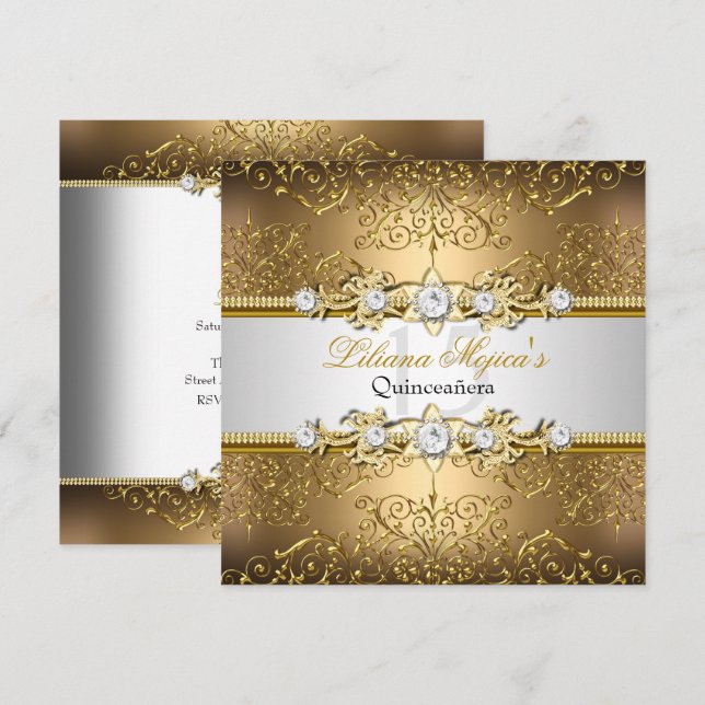 Elegant Gold Silver Swirl Damask Quinceanera Einladung (Vorne/Hinten)