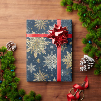 Elegant Gold Snowflakes Winter Blue Christmas Geschenkpapier