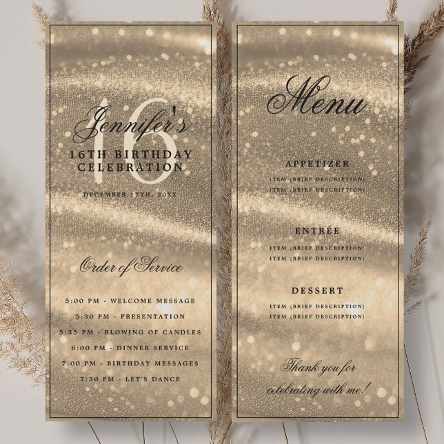Elegant Gold Sparkle 16th Birthday Program Menu Einladung (Elegant Gold Sparkle 16th Birthday Program Menu)