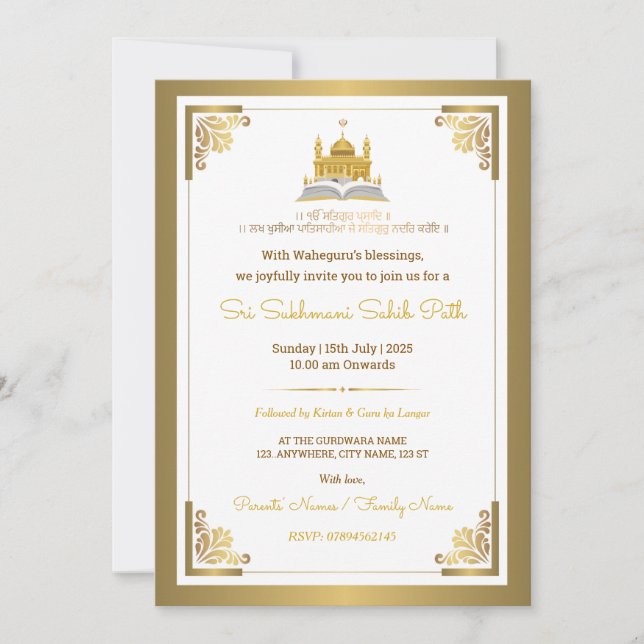 Elegant Gold Sri Sukhmani Sahib Path Invitation Einladung (Vorderseite)