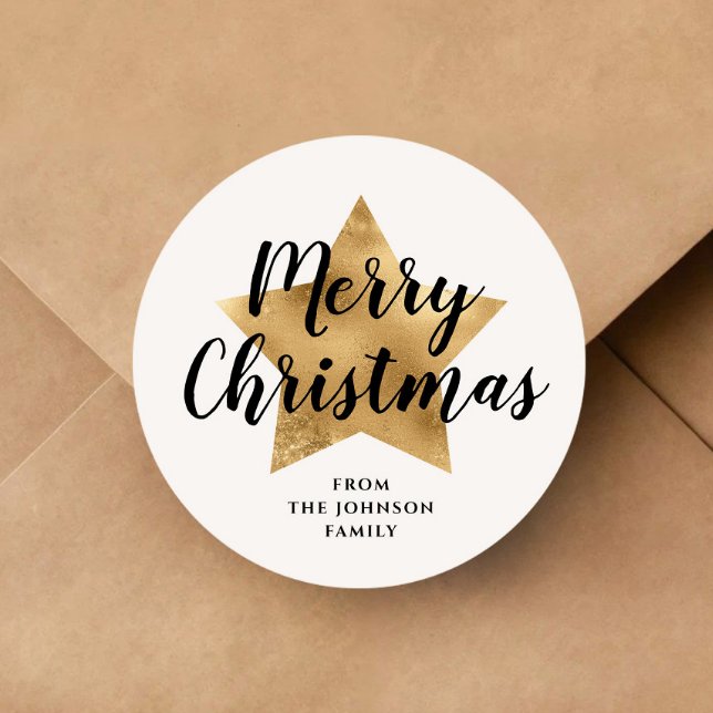 Elegant Gold Star Frohe Weihnachten Runder Aufkleber (Elegant White Faux Gold Star Merry Christmas Classic Round Sticker)