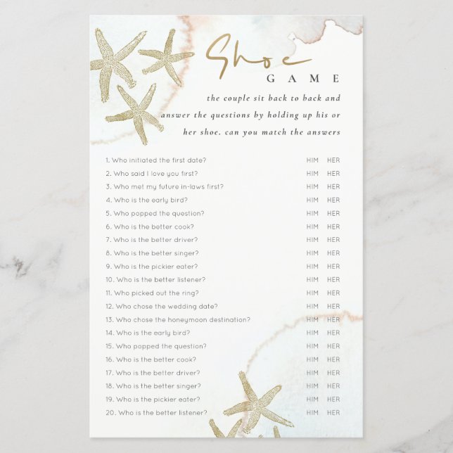 Elegant Gold Starfish Shoe Game Bridal Shower Game (Vorderseite)