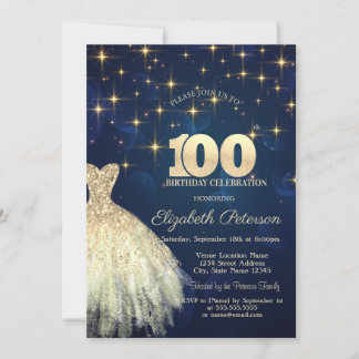 Elegant Gold Stars Dress Navy Blue 100. Geburtstag Einladung