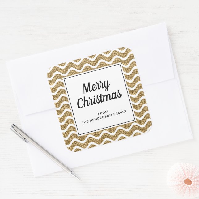 Elegant Gold Stripes Script Frohe Weihnachten Quadratischer Aufkleber (Umschlag)