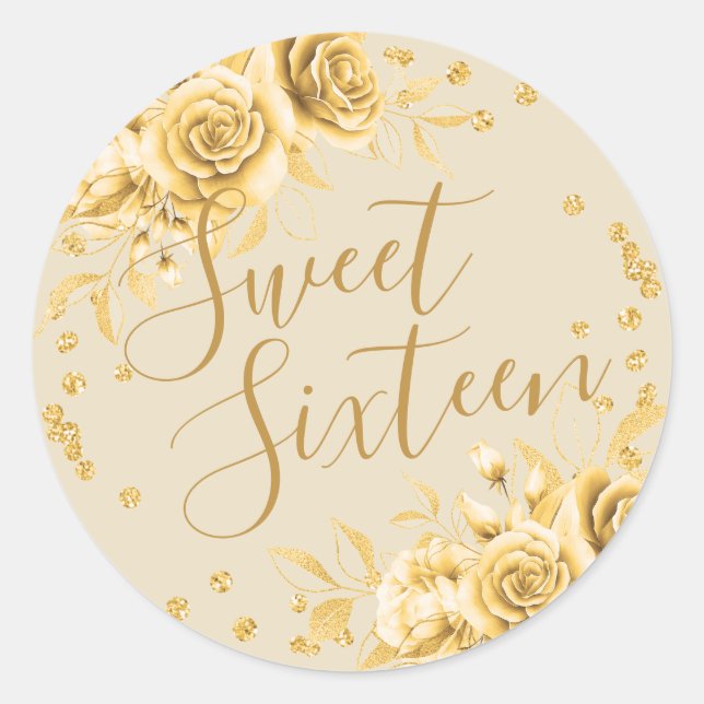Elegant Gold Sweet 16 Birthday Floral Glitzer Runder Aufkleber (Vorderseite)