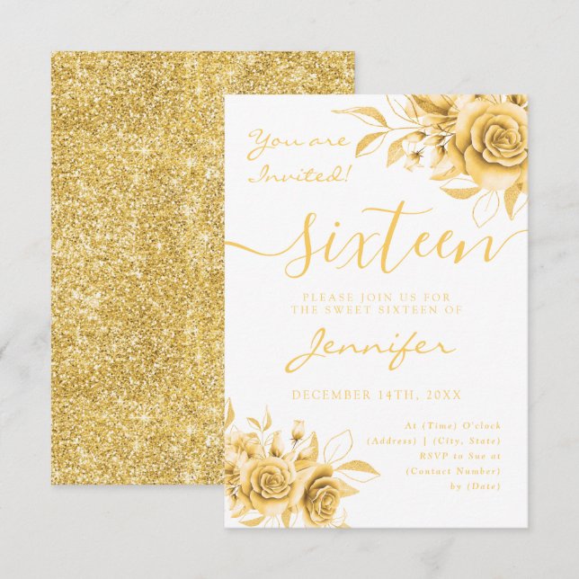 Elegant Gold Sweet 16 Glitzer Blues RSVP Karte (Vorne/Hinten)