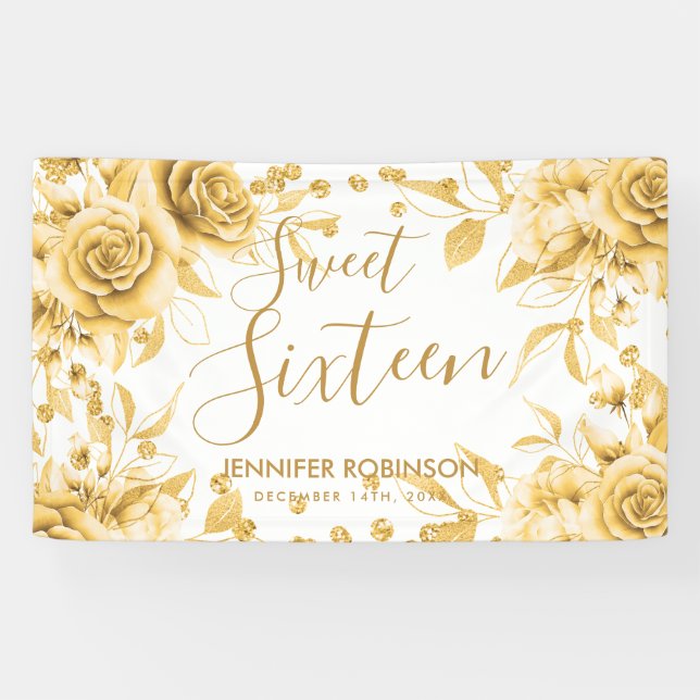 Elegant Gold Sweet 16 Glitzer Confetti Floral Banner (Horizontal)