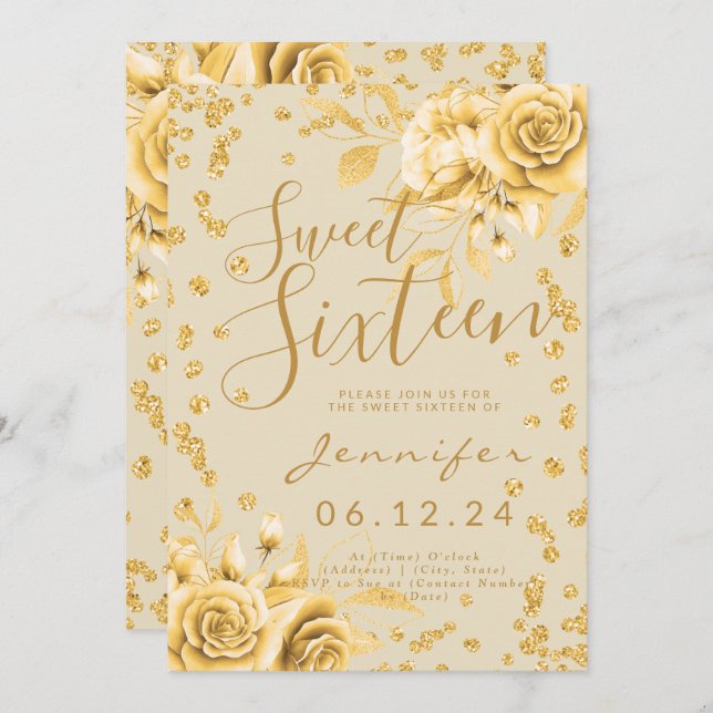 Elegant Gold Sweet 16 Glitzer Confetti Floral Einladung (Vorne/Hinten)