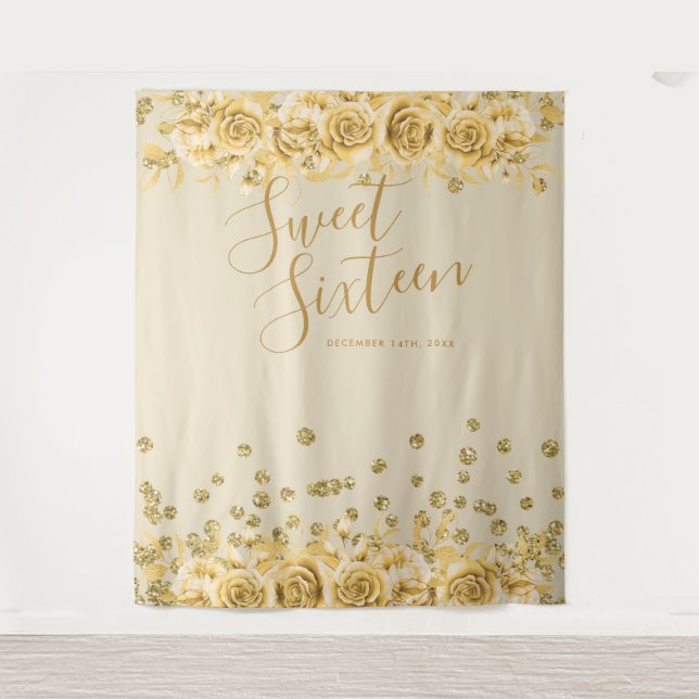 Elegant Gold Sweet 16 Glitzer Confetti Floral Wandteppich (Vorderseite)