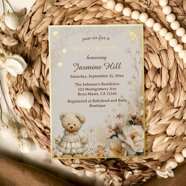 Elegant Gold Teddy Bear Baby Shower Folieneinladung (Von Creator hochgeladen)