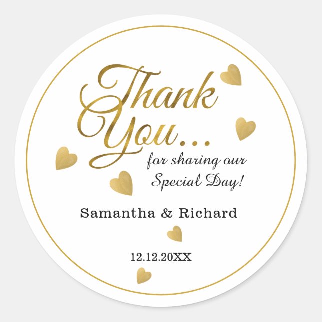 Elegant Gold Thank You Heart Wedding  Favor Runder Aufkleber (Vorderseite)