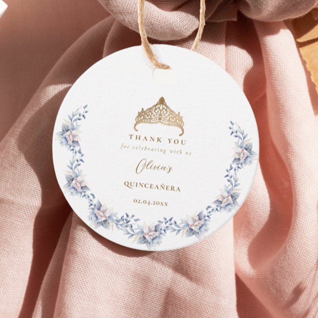 Elegant Gold Tiara Blue Floral Quinceñera Geschenkanhänger (Von Creator hochgeladen)