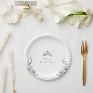 Elegant Gold Tiara Blue Floral Quinceñera Pappteller