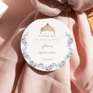 Elegant Gold Tiara Blue Floral Quinceñera Runder Aufkleber