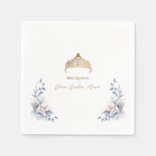 Elegant Gold Tiara Blue Floral Quinceñera Serviette (Vorderseite)