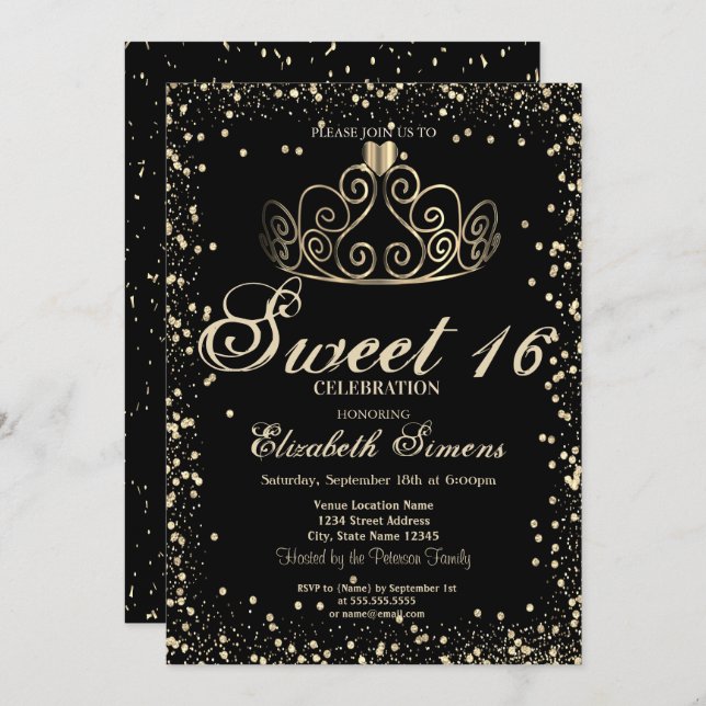 Elegant Gold Tiara Confetti Diamonds Sweet 16 Einladung (Vorne/Hinten)