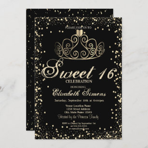 Elegant Gold Tiara Confetti Diamonds Sweet 16 Einladung
