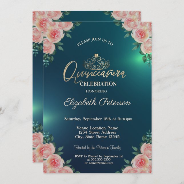 Elegant Gold Tiara Floral Rose Quinceañera Einladung (Vorne/Hinten)