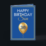 Elegant Gold und Blue Balloon Son 30. Geburtstag Karte<br><div class="desc">Elegant Gold und Blue Balloon Son 30. Geburtstag, ein einzigartiges Design für jeden, der etwas Besonderes für seinen Sohn zu seinem Geburtstag sucht. Das Design verfügt über einen hübschen goldenen Ballon vorne mit anpassbarem Text, den Sie personalisieren können. Zögern Sie also nicht, ihn zu personalisieren, um Ihre eigene Geburtstagseinladung zu...</div>