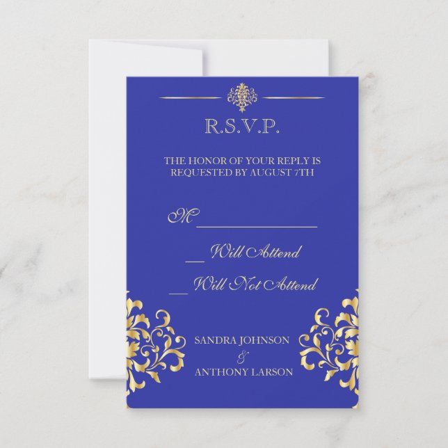 Elegant Gold und Blue Damask Wedding R.S.V.P. RSVP Karte (Vorderseite)