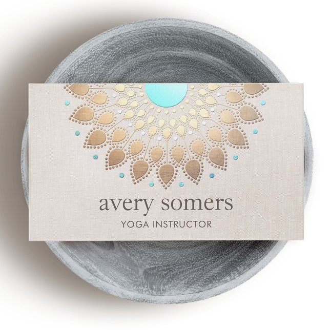 Elegant Gold Verziert Lotus Mandala Beige Linen Lo Visitenkarte (Von Creator hochgeladen)