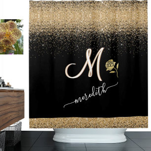 Elegant Gold w/Black Custom Monogram Name Rose Duschvorhang