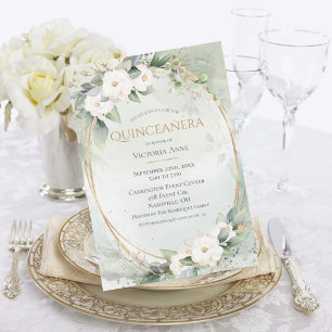 Elegant Gold Watercolor Green Quinceñera Einladung