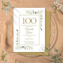 Elegant Gold Watercolor Greenery 100. Geburtstag Einladung