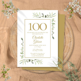 Elegant Gold Watercolor Greenery 100. Geburtstag Einladung