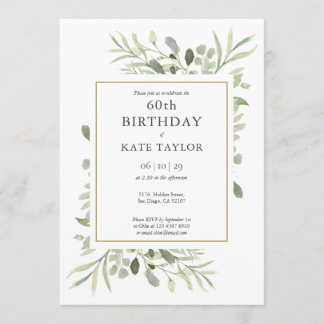 Elegant Gold Watercolor Greenery 60. Geburtstag Einladung