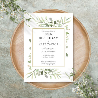 Elegant Gold Watercolor Greenery 80. Geburtstag Einladung