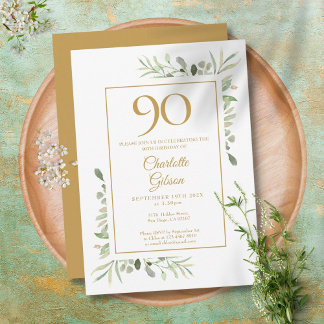 Elegant Gold Watercolor Greenery 90. Geburtstag Einladung