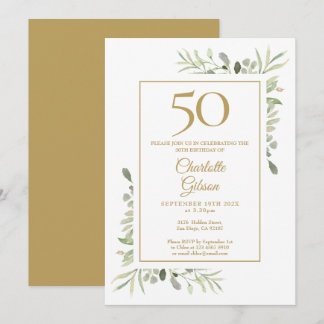 Elegant Gold Watercolor Grüne 50. Geburtstag Einladung