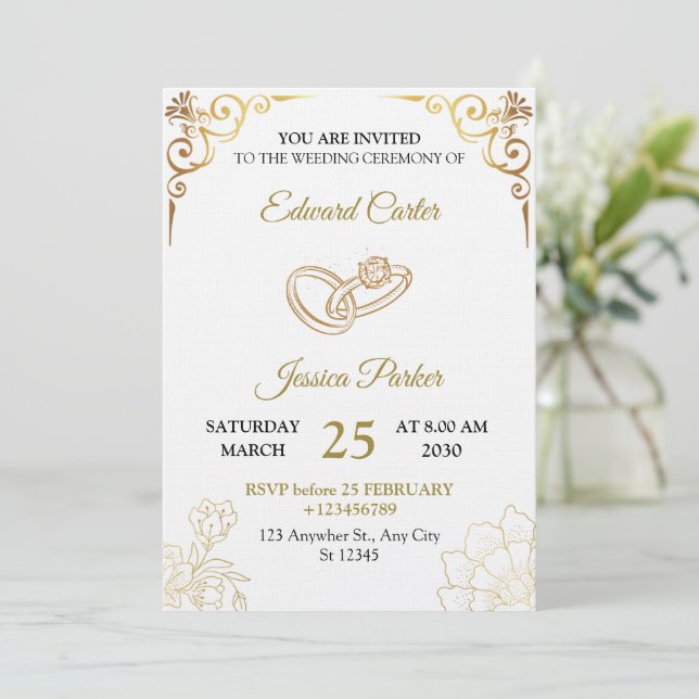 Elegant Gold Wedding Invitation Template Card Einladung (Stehend Vorderseite)