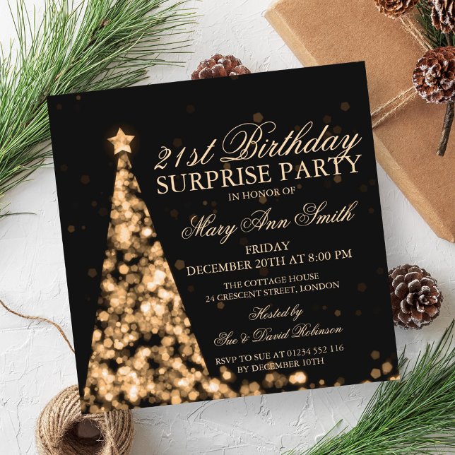 Elegant Gold Weihnachtsüberraschung 21. Geburtstag Einladung (Elegant Gold Christmas Surprise 21st Birthday Invitation)