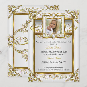 Elegant Gold Weiß Perlmutt Damast Foto Geburtstag  Einladung