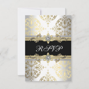 Elegant Gold Weiß Schwarz Damast RSVP Karte
