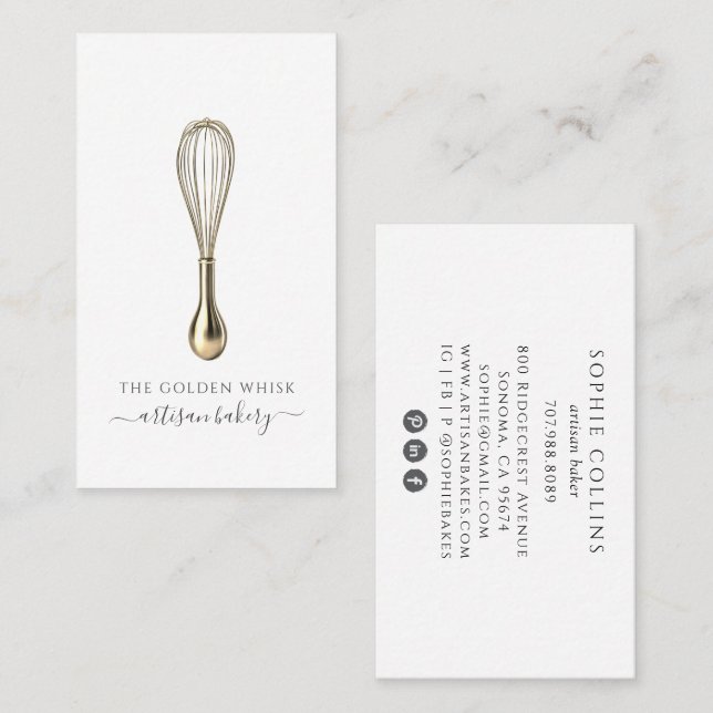 Elegant Gold Whisk Baker Bakery Chef Caterer Visitenkarte (Vorne/Hinten)