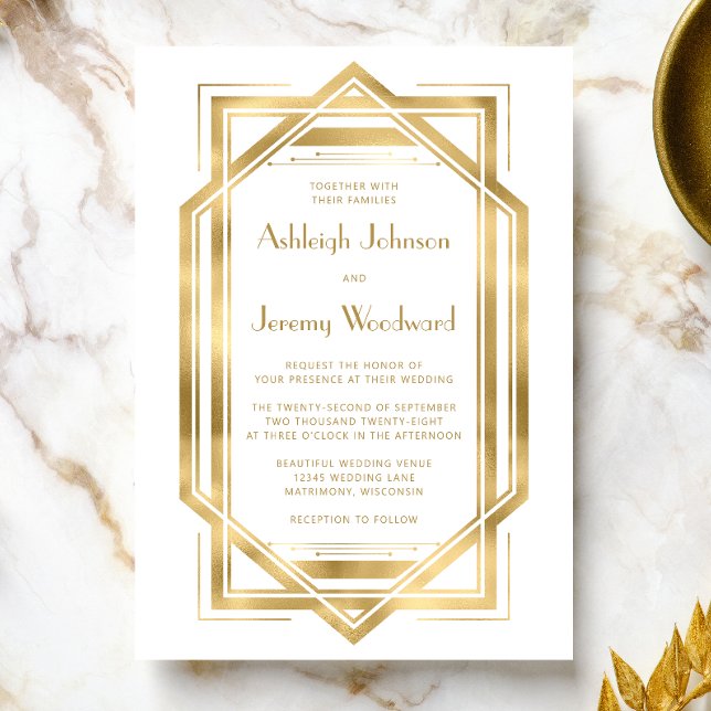 Elegant Gold White 1920er Deko Frame Wedding Einladung (An ideal choice for a 1920s vintage themed wedding with a gold and white color palette.)